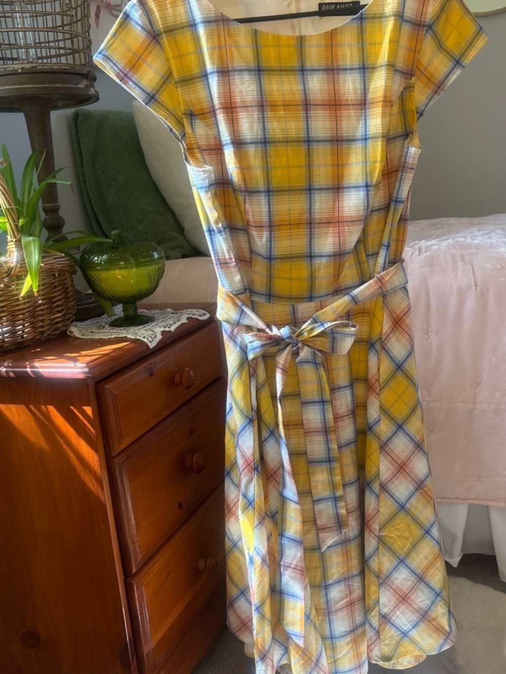 Sunlit Yellow Plaid Midi Dress with Self-Tie Waist